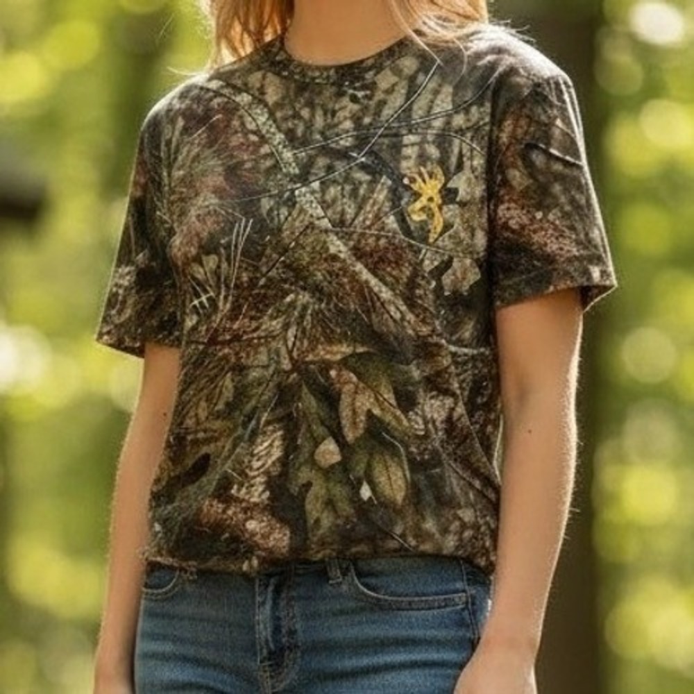 Browning Camo Cotton Hunting Outdoors Short Sleeve Graphic Tee Crop Cut S/P